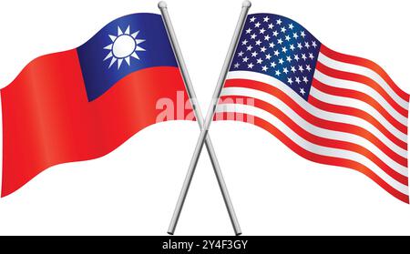 taiwan e Stati Uniti le bandiere taiwanesi americane in alleanza hanno attraversato il vettore di bandiere isolato su sfondo trasparente Illustrazione Vettoriale