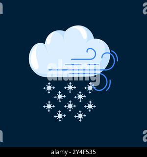 Icona a forma di nuvola con neve e vento in stile cartoon. Design del logo delle previsioni meteo. Illustrazione vettoriale isolata su uno sfondo blu profondo. Illustrazione Vettoriale