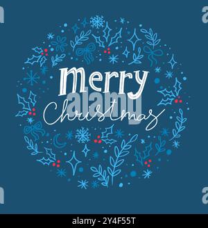 Scritta disegnata a mano buon Natale in una cornice rotonda di elementi decorativi natalizi su sfondo blu. Modello festivo per il tuo design. Foto Stock