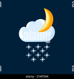 Icona fumetto con mezzaluna e neve. Meteo disegnato a mano, logo delle previsioni. Illustrazione vettoriale isolata su uno sfondo blu profondo. Illustrazione Vettoriale