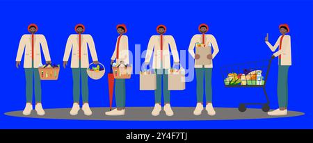 Illustrazione di shopping autunnale con uomo dalla pelle scura in abiti autunnali con cappello e barba. Tiene in mano un cestino, un carrello per sacchi di carta con alimentari. Piatto Illustrazione Vettoriale