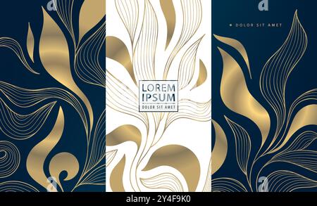 Set vettoriale di etichette di lusso con linea floreale e decorazioni in oro floreale art deco. Vino, caffè, cioccolato, profumo o gioielleria, vintage Elegant Illustrazione Vettoriale