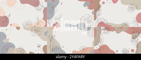 Set vettoriale di cornici di fiori e foglie, motivi di bolle organiche. Sfondi dalle linee floreali minimali, illustrazioni del giardino primaverile. Illustrazione Vettoriale