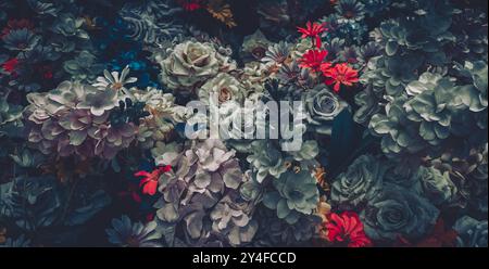 Un bouquet vintage di rose di seta, ortensie e margherite in sfumature di grigio, blu, rosso e bianco. Foto Stock