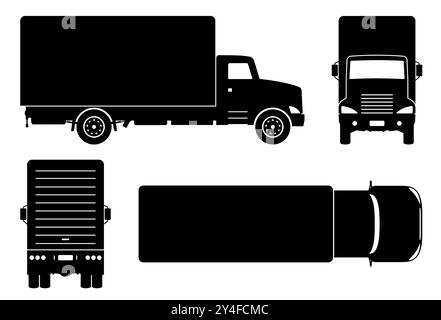 Silhouette del veicolo su sfondo bianco. Le icone del veicolo impostano la vista laterale, anteriore e posteriore. Illustrazione Vettoriale