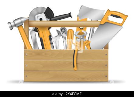 Scatola in legno riempita con utensili manuali per riparazioni fai da te e costruzioni. Illustrazione vettoriale del kit di riparazione isolato su sfondo bianco. Illustrazione Vettoriale