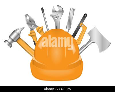 Concetto costruttivo con casco di sicurezza arancione e attrezzi manuali dietro di esso. Illustrazione vettoriale isolata su sfondo bianco Illustrazione Vettoriale