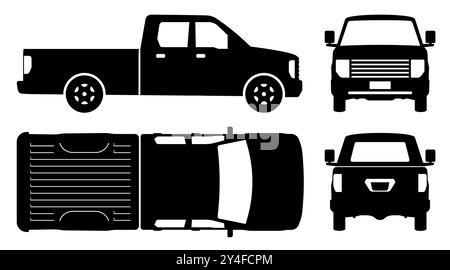 Silhouette del pick-up su sfondo bianco. Le icone del veicolo impostano la vista laterale, anteriore e posteriore. Illustrazione Vettoriale