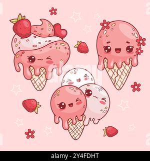 Un delizioso set di gelati. Papaveri con fragole e fiori cono con gocce gocciolanti. Personaggio cartoni animati simpatico e divertente di kawaii. Illustrati vettoriali Illustrazione Vettoriale