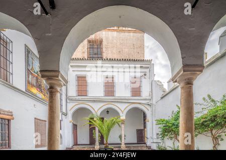 Siviglia, Spagna, 15 novembre 2009, esplora il tranquillo cortile interno del convento di Santa Isabella del XVI secolo a Siviglia, caratterizzato da eleganti archi e lussureggianti Foto Stock