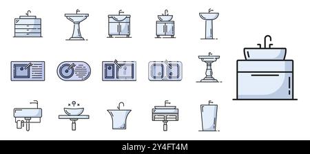 Icone di cucina, bagno e lavabo con rubinetti e lavabi. Segni vettoriali del lavabo di impianti idraulici con lavabi in ceramica, ciotole e piedistalli. Vista anteriore e superiore dei lavandini Illustrazione Vettoriale
