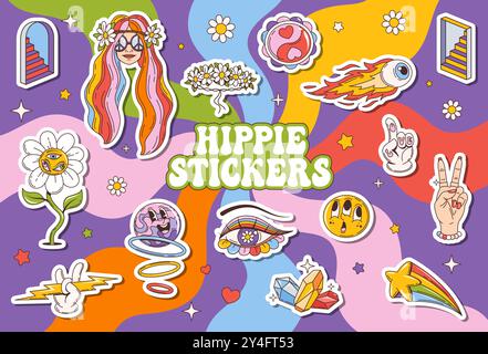 Confezione di adesivi hippie retrò. Set vettoriale cartoni animati di fiori, segno di pace, volto sorridente, elementi psichedelici che esprimono pace, amore, atmosfera hippie e bohémien degli anni '60 per scrapbooking e decorazione Illustrazione Vettoriale