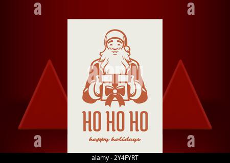 Babbo Natale con confezione regalo Merry Christmas vintage biglietto d'auguri design decorativo illustrazione vettoriale. Felice anno nuovo complimenti nonna da favola Illustrazione Vettoriale