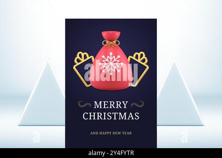Sacco rosso di Babbo Natale modello biglietto di auguri di buon anno illustrazione vettoriale realistica di icone 3D. Buon Natale congratulazioni poster regalo d'oro regalo Illustrazione Vettoriale