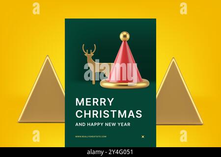 Felice anno nuovo e buon Natale modello biglietto d'auguri Design moderno realistico illustrazione vettoriale di icone 3D. Tradizionale poster verde delle vacanze invernali Illustrazione Vettoriale