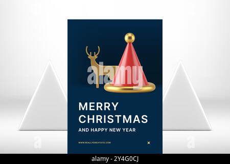 Elegante auguri di buon Natale biglietto di auguri Web Design moderno blu realistico illustrazione vettoriale di icone 3D. Fashion Happy New Year poster temp Illustrazione Vettoriale