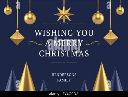 Buon Natale auguri modello di biglietti d'auguri blu scuro design premium dorato illustrazione vettoriale realistica di icone 3D. Felice anno nuovo congratulazioni Illustrazione Vettoriale