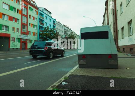 Un dispositivo mobile di misurazione della velocità parcheggiato sul marciapiede, controllo radar, controllo della velocità della polizia Foto Stock