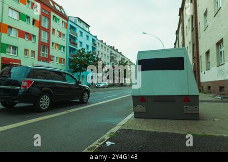 Un dispositivo mobile di misurazione della velocità parcheggiato sul marciapiede, controllo radar, controllo della velocità della polizia Foto Stock