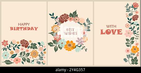 Set di moderni biglietti di auguri di buon compleanno Illustrazione Vettoriale