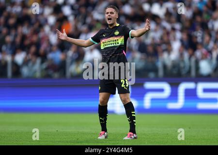 Torino, Italia. 17 settembre 2024. Joey Veerman del PSV Eindhoven gesti durante la partita di calcio di UEFA Champions League tra Juventus FC e PSV Eindhoven all'Allianz Stadium il 17 settembre 2024 a Torino, Italia crediti: Marco Canoniero/Alamy Live News Foto Stock