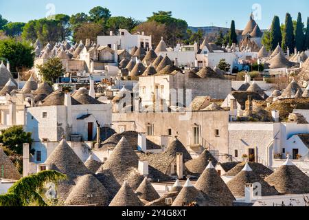 Vista panoramica dei trulli dal tetto conico di Alberobello, Puglia, Italia Foto Stock