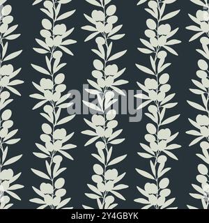 Ornamenti verticali di olive con motivo su sfondo scuro, ramificati con frutta e foglie. Illustrazione vettoriale Illustrazione Vettoriale