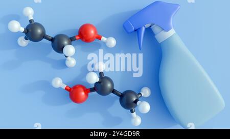 rendering 3d di molecole di etanolo, viene applicato efficacemente in uno spruzzatore per varie attività, tra cui pulizia, disinfezione, cura della persona e indu Foto Stock