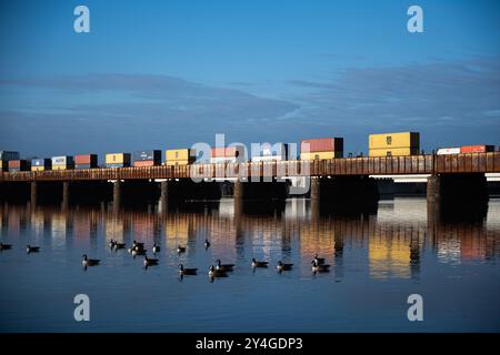 Merci Train Shipping Containers 14th Street Bridge Washington DC // WASHINGTON DC — Un treno merci carico di container impilati attraversa il ponte ferroviario 14th Street sul fiume Potomac, esemplificando il flusso vitale di merci commerciali attraverso la capitale della nazione. Il treno rappresenta l'infrastruttura della catena di approvvigionamento americana, trasportando merci e materie prime tra centri economici. Il ponte in acciaio funge da arteria commerciale fondamentale, collegando Arlington, Virginia, a Washington DC, facilitando al contempo il commercio interstatale. Le acque calme sottostanti creano riflessi simili a specchi Foto Stock