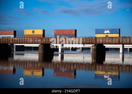 Merci Train Shipping Containers 14th Street Bridge Washington DC // WASHINGTON DC — Un treno merci carico di container impilati attraversa il ponte ferroviario 14th Street sul fiume Potomac, esemplificando il flusso vitale di merci commerciali attraverso la capitale della nazione. Il treno rappresenta l'infrastruttura della catena di approvvigionamento americana, trasportando merci e materie prime tra centri economici. Il ponte in acciaio funge da arteria commerciale fondamentale, collegando Arlington, Virginia, a Washington DC, facilitando al contempo il commercio interstatale. Le acque calme sottostanti creano riflessi simili a specchi Foto Stock