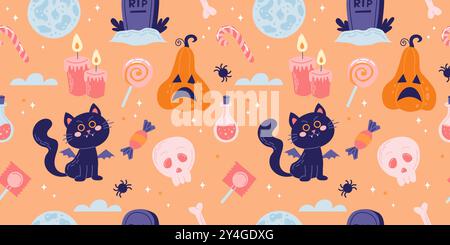 Halloween senza cuciture con simpatiche zucche e gatti neri. Illustrazione vettoriale in stile piatto Illustrazione Vettoriale