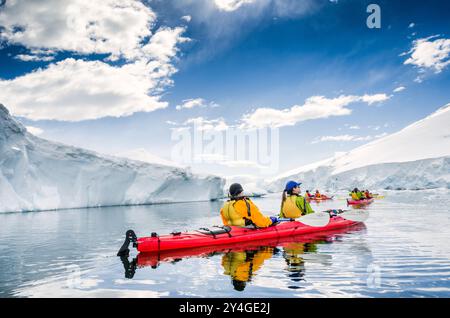 Kayakers Kayaking Glaciers Icebergs Neko Harbour Penisola Antartica Antartide | NEKO HARBOUR, Antartide — I kayakisti scivolano attraverso le acque calme di Neko Harbour, circondati da imponenti ghiacciai e iceberg sulla costa Danco della Terra di Graham. Il porto si trova sulla riva orientale della baia Andvord, che si apre a nord-ovest nello stretto di Gerlache — il passaggio cosparso di iceberg che separa l’arcipelago di Palmer dalla penisola antartica continentale, mappato per la prima volta dalla spedizione antartica belga sotto Adrien de Gerlache nel 1897–1899. Poiché Neko Harbour si trova sulla penisola stessa piuttosto che Foto Stock