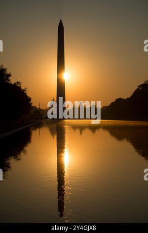 WASHINGTON DC, Stati Uniti: Il monumento a Washington, la cupola del Campidoglio e la piscina riflettente viste dal Lincoln Memorial all'alba durante l'equinozio primaverile e autunnale. Il sole sorge perfettamente in linea con il National Mall, proiettando un caldo bagliore sui monumenti storici più rappresentativi. In questa foto, la cupola del Campidoglio degli Stati Uniti è coperta da impalcature come parte di un importante progetto di ristrutturazione. Foto Stock