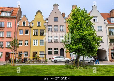 Case a schiera colorate a Danzica, Polonia, affacciate su un parco erboso, che fonde architettura storica con la vita urbana moderna. Foto Stock