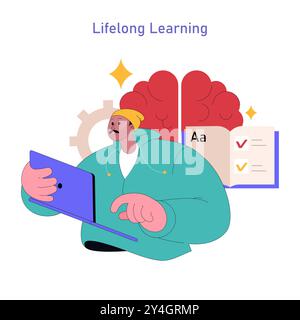 Concetto di apprendimento permanente. Un adulto impegnato nella formazione continua con tablet digitali e immagini simboliche del cervello e della checklist. Illustrazione vettoriale. Illustrazione Vettoriale