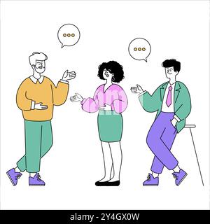 Concetto di riunione aziendale. Tre professionisti si impegnano in una discussione vivace con bolle di comunicazione, condividendo idee. Illustrazione vettoriale. Illustrazione Vettoriale