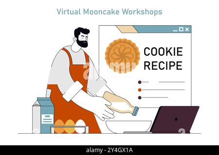 Festival di metà autunno. Un uomo partecipa a un laboratorio virtuale di mooncake, seguendo una ricetta online dei biscotti sul suo laptop. Celebrazione culturale. Illustrazione vettoriale. Illustrazione Vettoriale