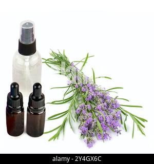 Olio essenziale di lavanda in bottiglie e bouquet di fiori di lavanda isolati su sfondo bianco. Spazio libero per il testo. Collage. Foto Stock