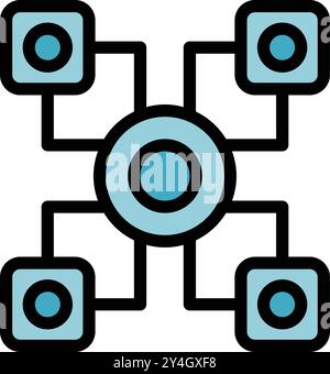 Grafica minimalista che rappresenta un hub di rete che collega quattro dispositivi con nodi e linee Illustrazione Vettoriale