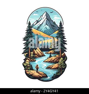 Viaggio luminoso con fiume e montagne, adesivo retrò isolato su sfondo bianco Illustrazione Vettoriale