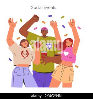 Concetto di anno matricola. Studenti che festeggiano insieme, catturano la gioia e la comunità degli eventi sociali del college. Giovinezza, amicizia e festeggiamenti. Illustrazione vettoriale. Illustrazione Vettoriale