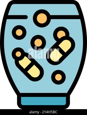 Questa illustrazione vettoriale presenta un vaso di vetro riempito di acqua e capsule di farmaci, che rappresenta il concetto di dissoluzione della medicina Illustrazione Vettoriale