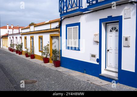 Dettaglio architettonico ravvicinato di case di strada tradizionali nella tipica cittadina portoghese di Vila Nova de Milfontes in Portogallo Foto Stock