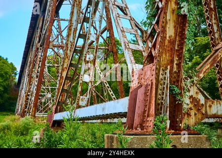 Ponte ferroviario arrugginito con vegetazione ricoperta in un ambiente rurale con vista ad angolo basso Foto Stock