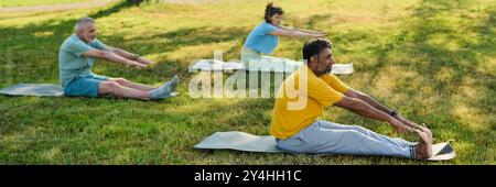 Striscione di uomini interculturali anziani attivi che fanno esercizio di stretching sul prato verde nella soleggiata giornata estiva Foto Stock