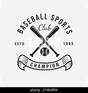 Club di baseball classico d'epoca con pipistrelli incrociati e palla, illustrazione vettoriale dal design retrò Illustrazione Vettoriale