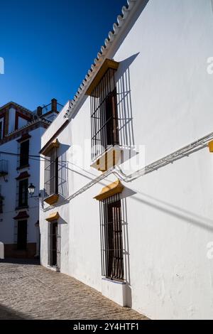 Scopri la bellezza delle strade storiche di Carmonas adornate di architettura imbiancata nel cuore di Siviglia, Spagna. Foto Stock