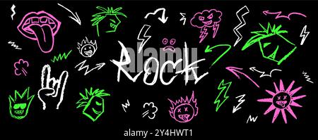 Grunge rock set di elementi doodle verdi e rosa. Matita di cera che disegna la bocca con la lingua appesa, pugni e facce di cartoni animati nella musica rock n roll Illustrazione Vettoriale