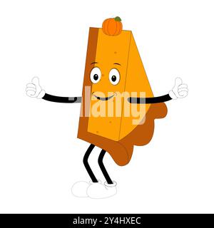 Simpatica torta di zucca mascotte, personaggi di Halloween Pumpkin Pie. Cartoon Sweets Cup Pudding latte Walking and Smiling. Modello mascotte Vector Autumn Holiday Illustrazione Vettoriale