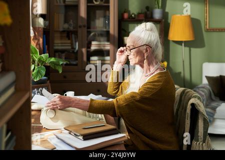 Donna anziana con occhiali che si concentrano sui documenti mentre siede alla scrivania in un ufficio accogliente e soleggiato circondato da libri, piante e un caldo paralume li Foto Stock